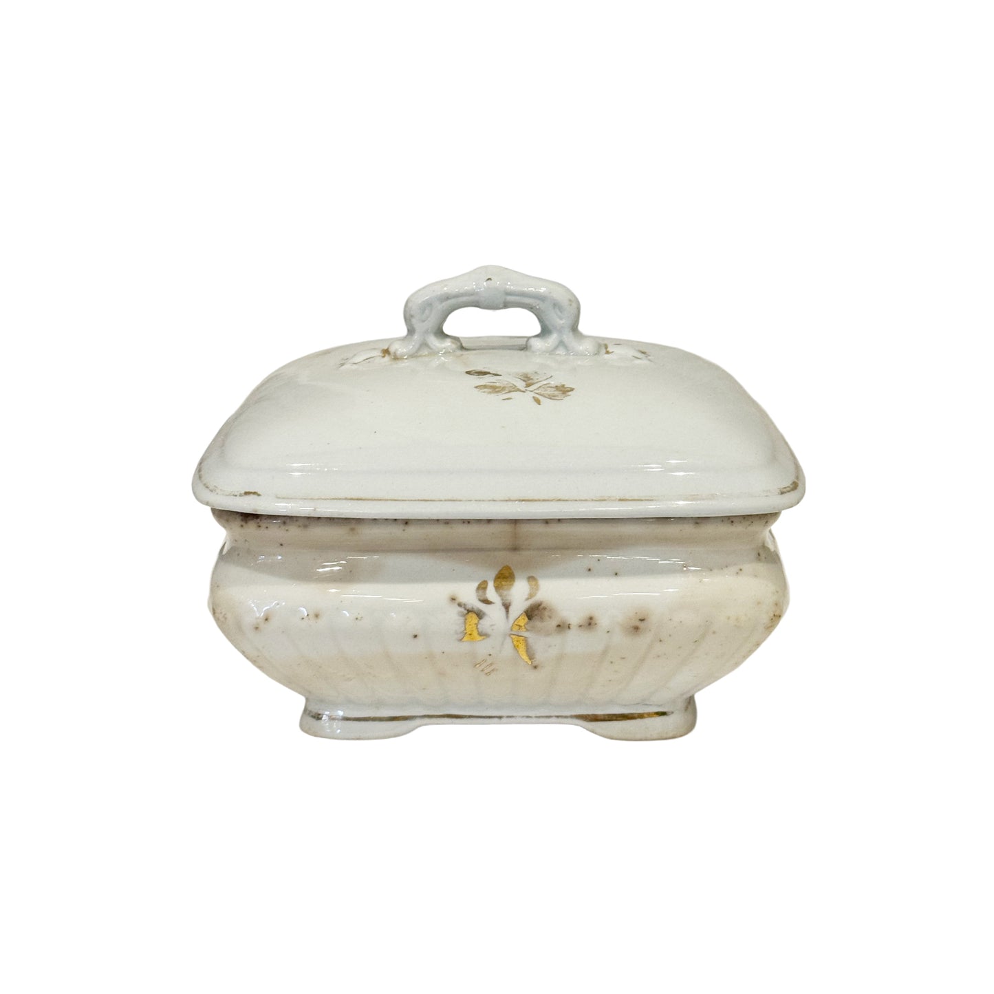 Ironstone Small Square Tureen with Lid - White with Gold Accents