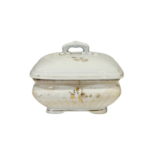 Ironstone Small Square Tureen with Lid - White with Gold Accents