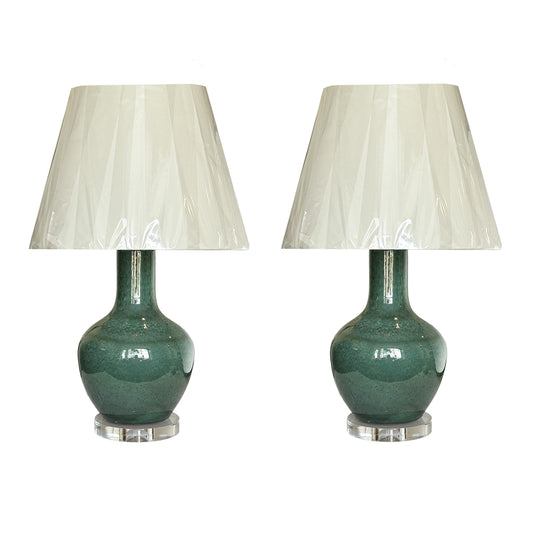Pair of Ceramic Table Lamps in Teal Glaze with Linen Shade