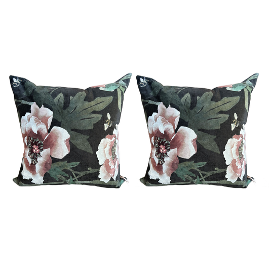 Pair of Deep Green and Pink Velvet Floral Pillows